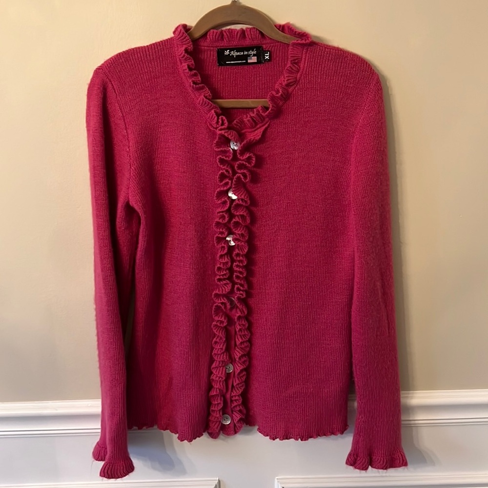 Alpaca pink ruffle button up cardigan Extra Large